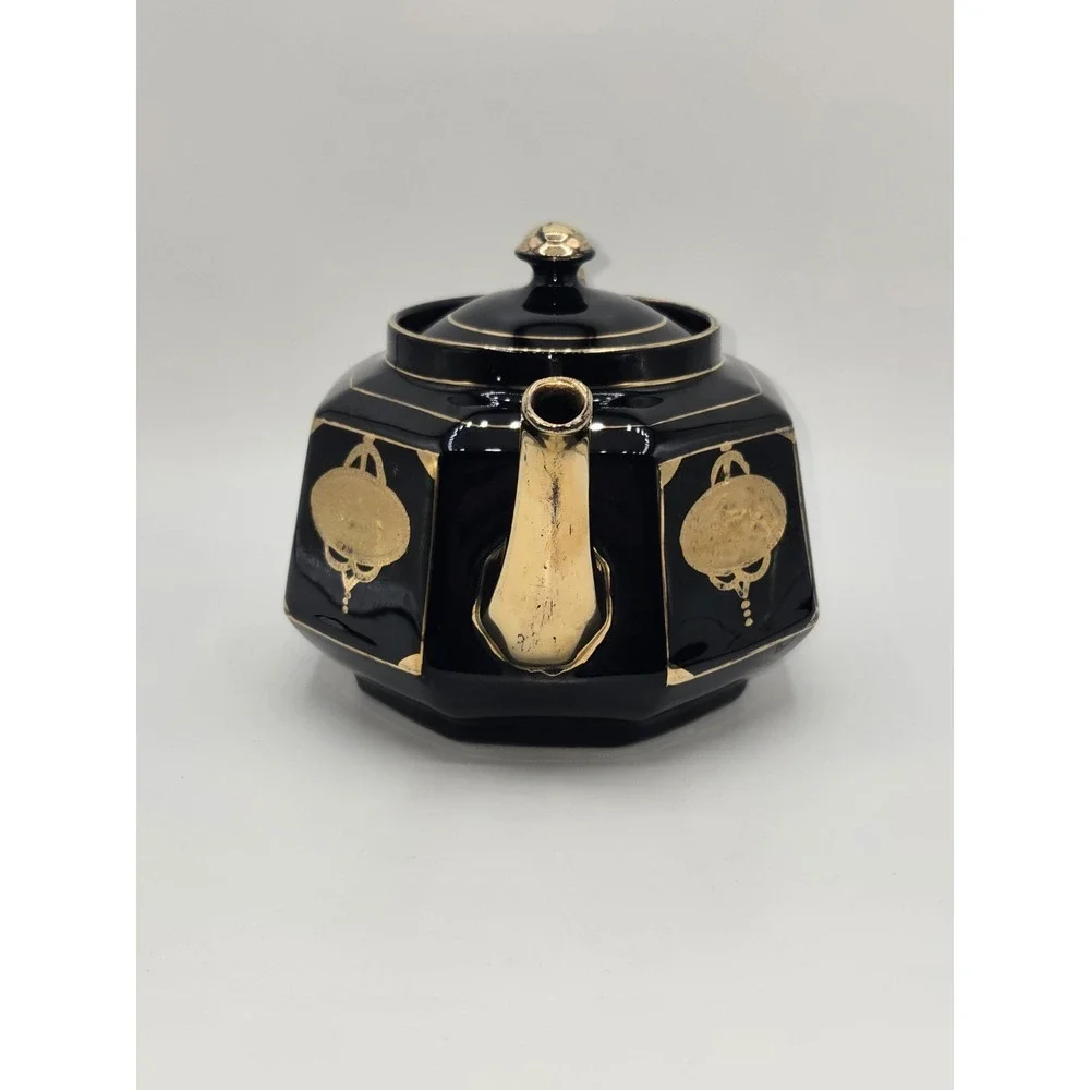 Gibson & Sons Black Celt Teapot Gold Transferware Burslem England Octagonal